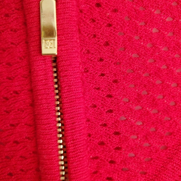 Escada Double Gold Zip Front Peplum Perforated Bodice Chevron Knit Sweater - Picture 13 of 15